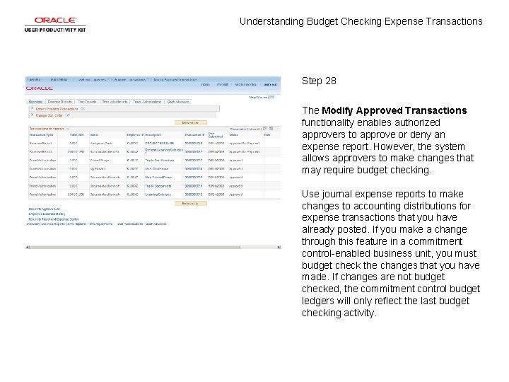 Understanding Budget Checking Expense Transactions Step 28 The Modify Approved Transactions functionality enables authorized