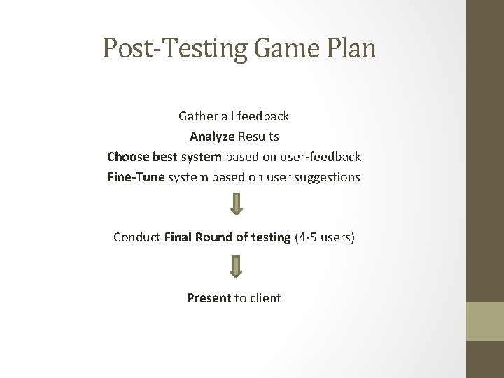 Post-Testing Game Plan Gather all feedback Analyze Results Choose best system based on user-feedback