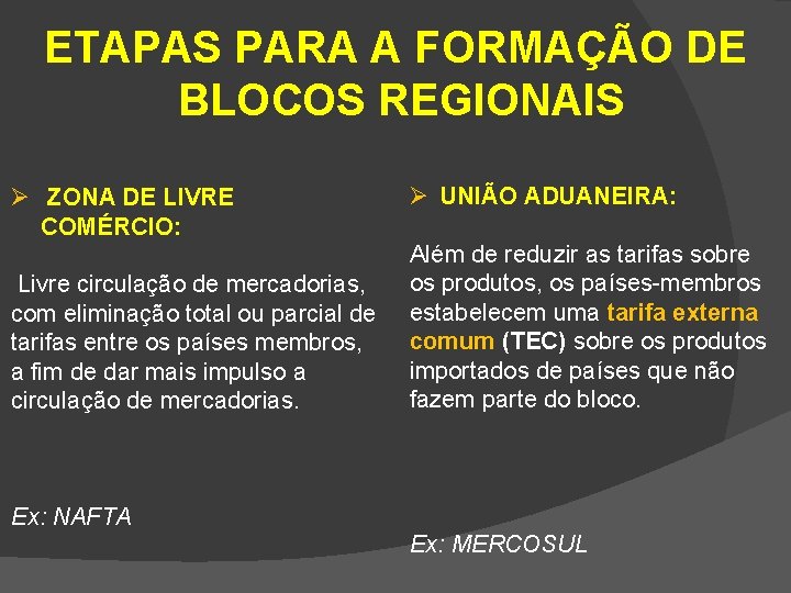 ETAPAS PARA A FORMAÇÃO DE BLOCOS REGIONAIS Ø ZONA DE LIVRE COMÉRCIO: Livre circulação