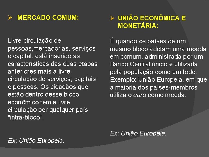 Ø MERCADO COMUM: Ø UNIÃO ECONÔMICA E MONETÁRIA: Livre circulação de pessoas, mercadorias, serviços