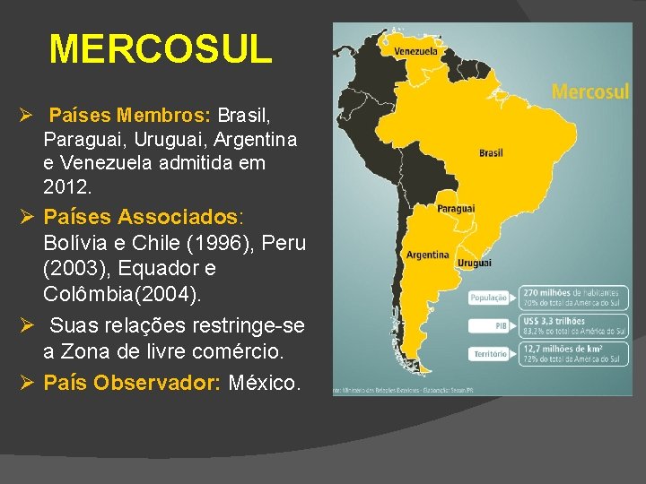 MERCOSUL Ø Países Membros: Brasil, Paraguai, Uruguai, Argentina e Venezuela admitida em 2012. Ø
