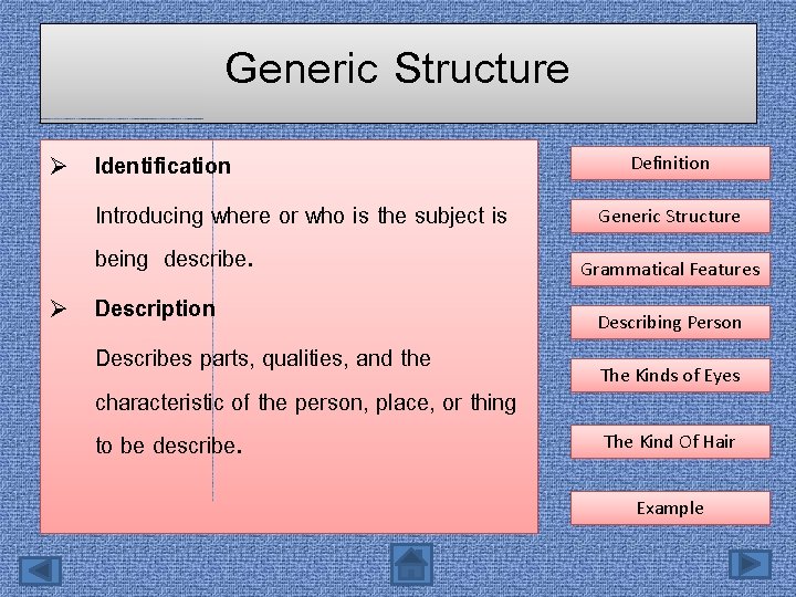 Generic Structure Ø Identification Introducing where or who is the subject is being describe.