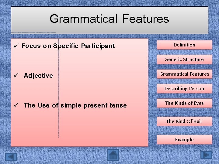 Grammatical Features ü Focus on Specific Participant Definition Generic Structure ü Adjective Grammatical Features
