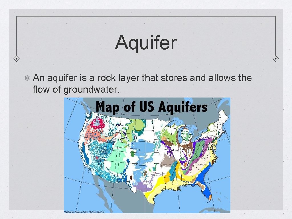 Aquifer An aquifer is a rock layer that stores and allows the flow of