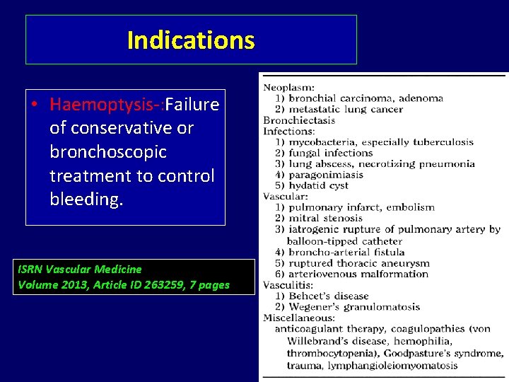 Indications • Haemoptysis-: Failure of conservative or bronchoscopic treatment to control bleeding. ISRN Vascular