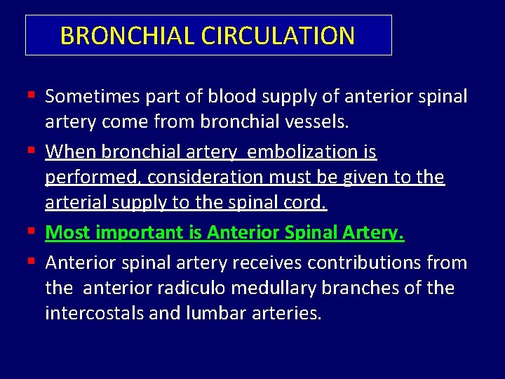 BRONCHIAL CIRCULATION § Sometimes part of blood supply of anterior spinal artery come from