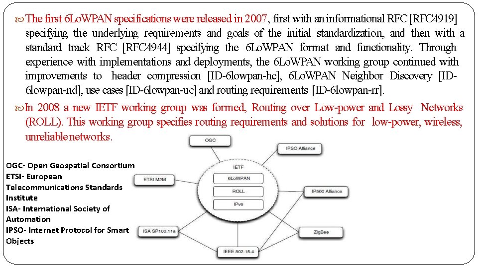  The first 6 Lo. WPAN specifications were released in 2007, first with an
