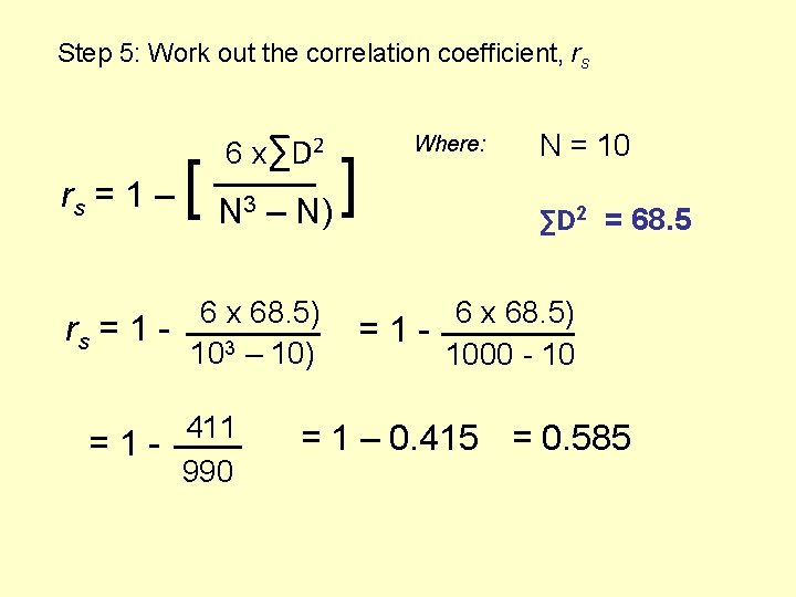 Step 5: Work out the correlation coefficient, rs rs = 1 – 6 x