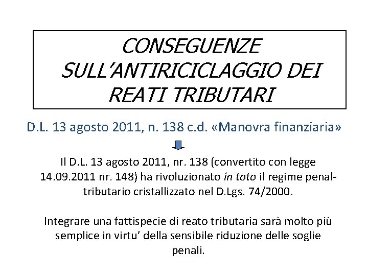 CONSEGUENZE SULL’ANTIRICICLAGGIO DEI REATI TRIBUTARI D. L. 13 agosto 2011, n. 138 c. d.