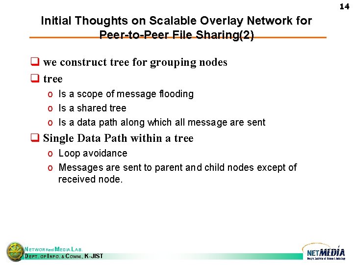 14 Initial Thoughts on Scalable Overlay Network for Peer-to-Peer File Sharing(2) q we construct