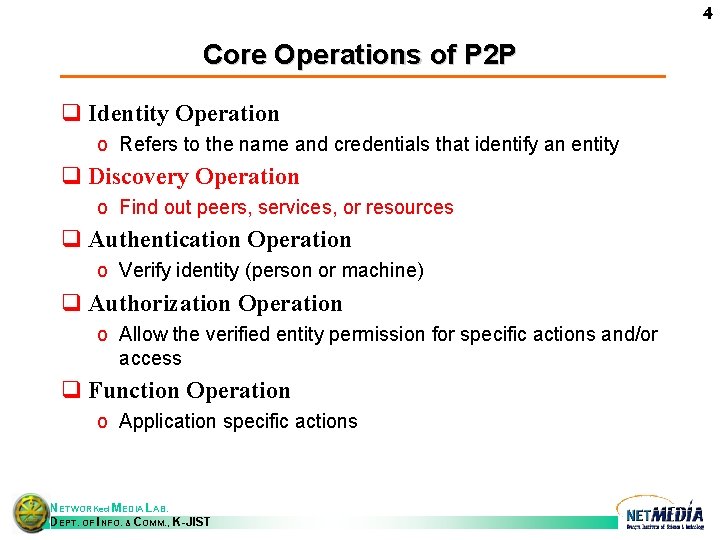 4 Core Operations of P 2 P q Identity Operation o Refers to the