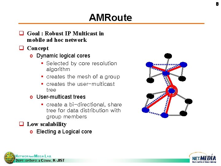 8 AMRoute q Goal : Robust IP Multicast in mobile ad hoc network q