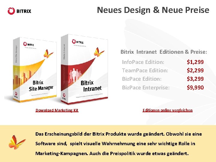 Neues Design & Neue Preise Bitrix Intranet Editionen & Preise: Info. Pace Edition: Team.