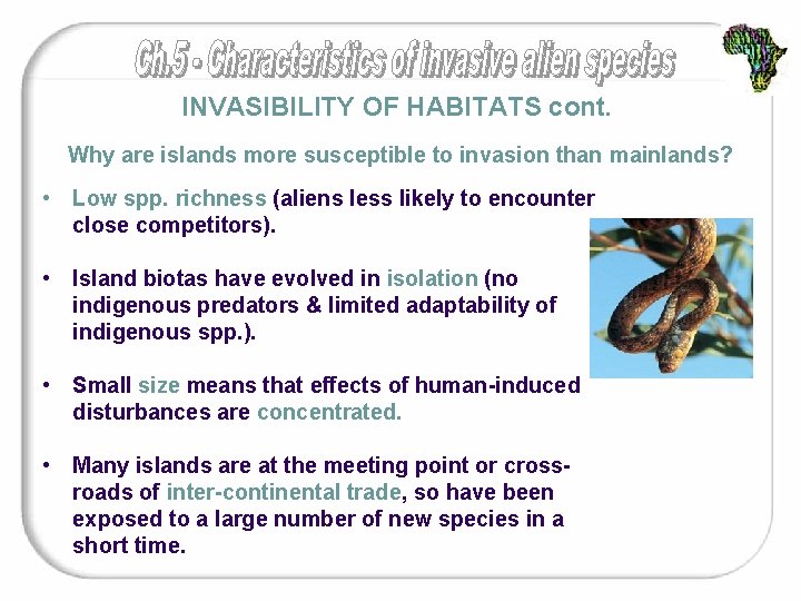 INVASIBILITY OF HABITATS cont. Why are islands more susceptible to invasion than mainlands? •