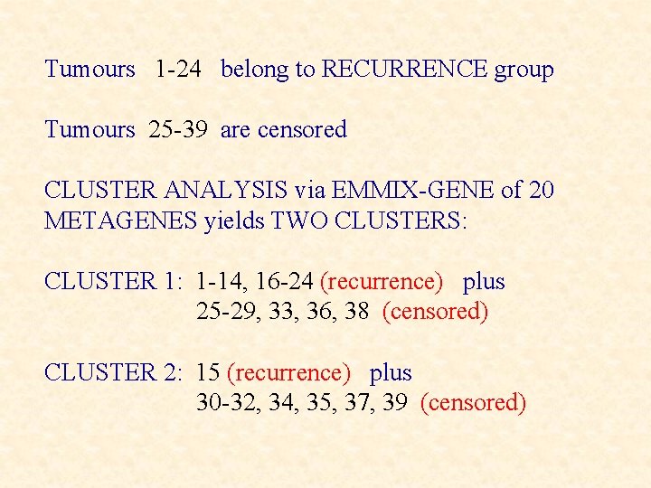 Tumours 1 -24 belong to RECURRENCE group Tumours 25 -39 are censored CLUSTER ANALYSIS