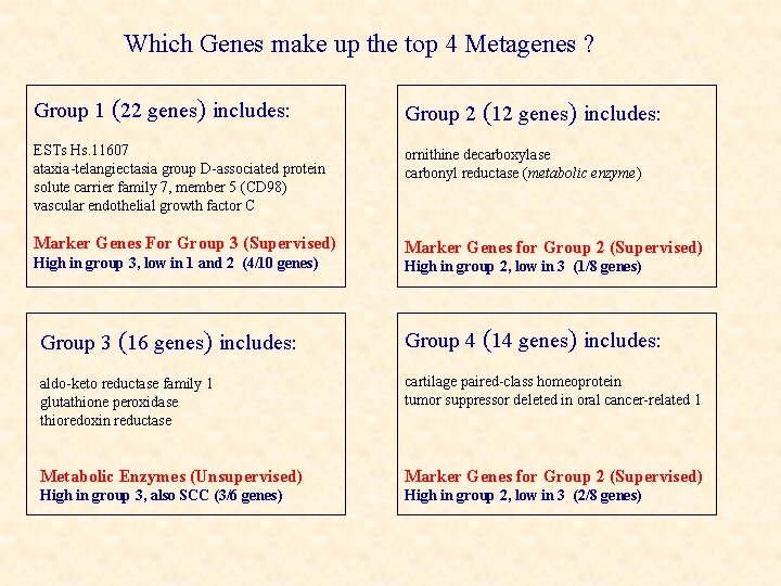 Which Genes make up the top 4 Metagenes ? Group 1 (22 genes) includes: