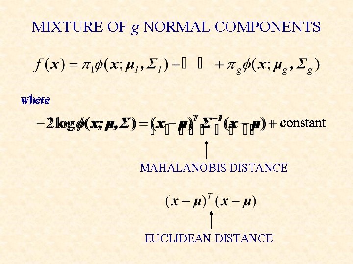 MIXTURE OF g NORMAL COMPONENTS where constant MAHALANOBIS DISTANCE EUCLIDEAN DISTANCE 