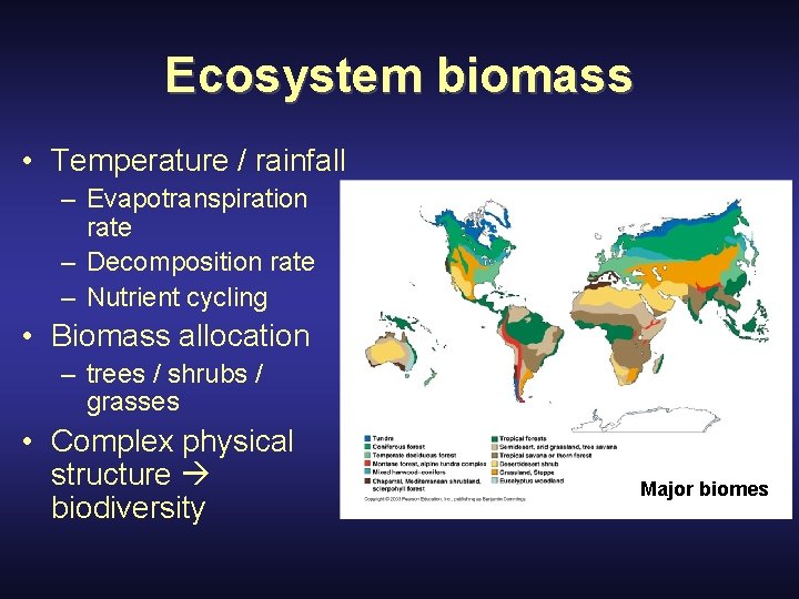 Ecosystem biomass • Temperature / rainfall – Evapotranspiration rate – Decomposition rate – Nutrient
