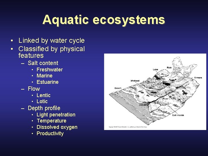 Aquatic ecosystems • Linked by water cycle • Classified by physical features – Salt