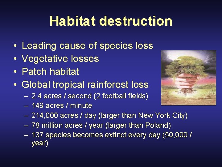 Habitat destruction • • Leading cause of species loss Vegetative losses Patch habitat Global