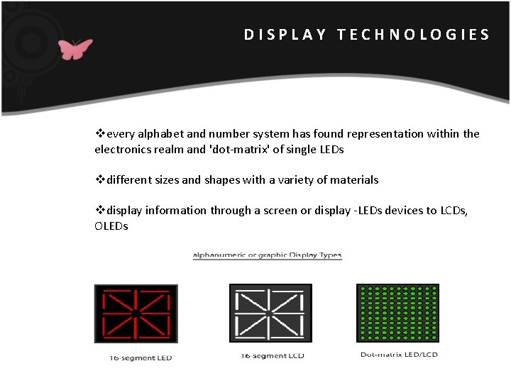DISPLAY TECHNOLOGIES vevery alphabet and number system has found representation within the electronics realm