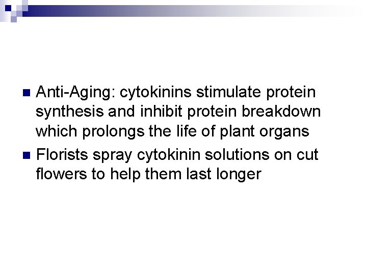 Anti-Aging: cytokinins stimulate protein synthesis and inhibit protein breakdown which prolongs the life of