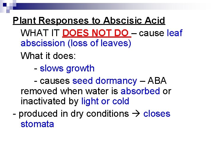 Plant Responses to Abscisic Acid WHAT IT DOES NOT DO – cause leaf abscission