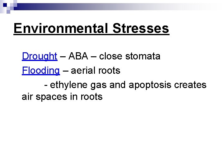 Environmental Stresses Drought – ABA – close stomata Flooding – aerial roots - ethylene