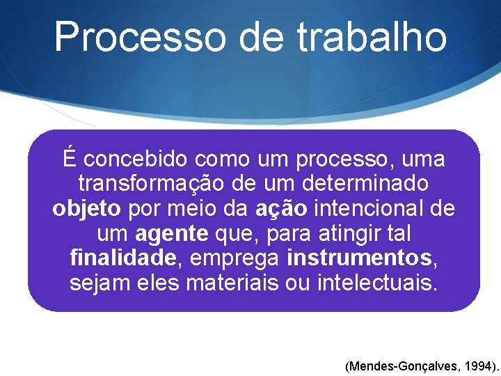 Processo de trabalho É concebido como um processo, uma transformação de um determinado objeto