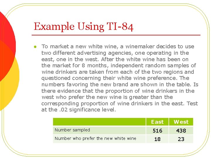 Example Using TI-84 l To market a new white wine, a winemaker decides to