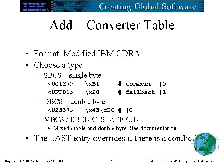 Add – Converter Table • Format: Modified IBM CDRA • Choose a type –