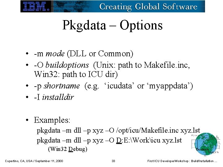 Pkgdata – Options • -m mode (DLL or Common) • -O buildoptions (Unix: path