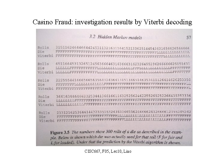 Casino Fraud: investigation results by Viterbi decoding CISC 667, F 05, Lec 10, Liao