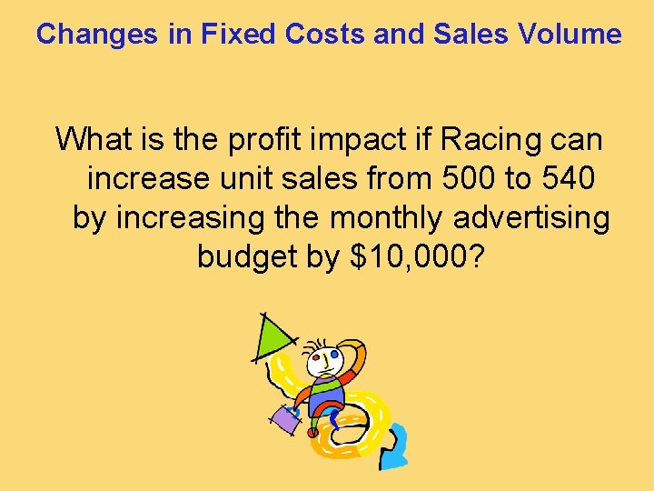 Changes in Fixed Costs and Sales Volume What is the profit impact if Racing