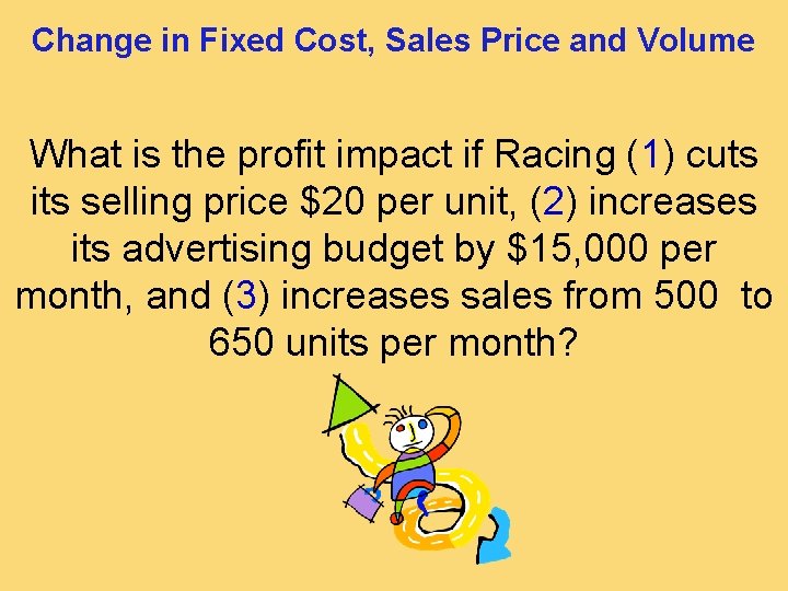 Change in Fixed Cost, Sales Price and Volume What is the profit impact if