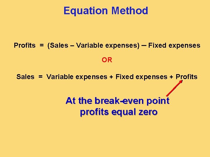 Equation Method Profits = (Sales – Variable expenses) – Fixed expenses OR Sales =
