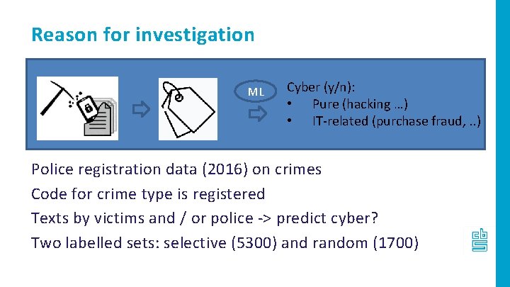 Reason for investigation ML Cyber (y/n): • Pure (hacking …) • IT-related (purchase fraud,