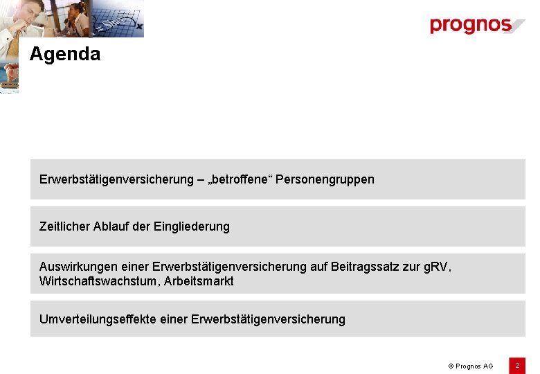 Agenda Erwerbstätigenversicherung – „betroffene“ Personengruppen Zeitlicher Ablauf der Eingliederung Auswirkungen einer Erwerbstätigenversicherung auf Beitragssatz