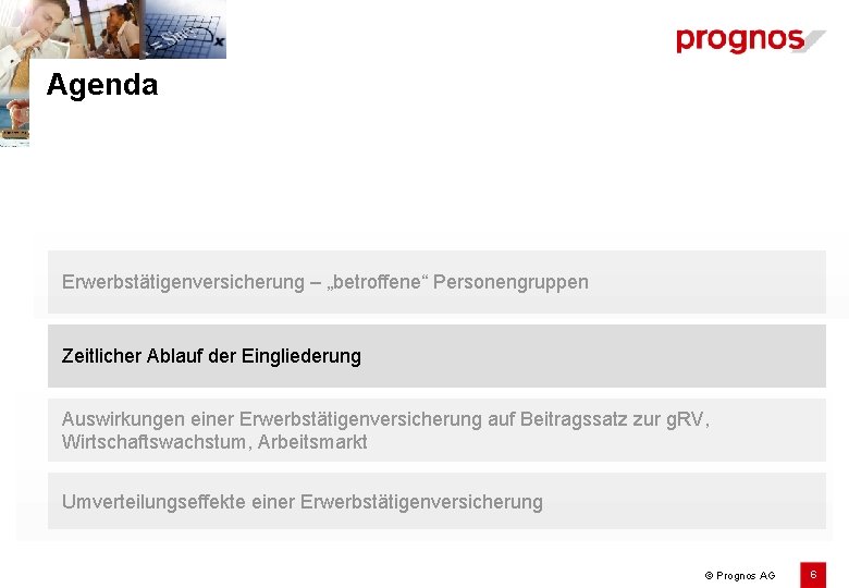 Agenda Erwerbstätigenversicherung – „betroffene“ Personengruppen Zeitlicher Ablauf der Eingliederung Auswirkungen einer Erwerbstätigenversicherung auf Beitragssatz