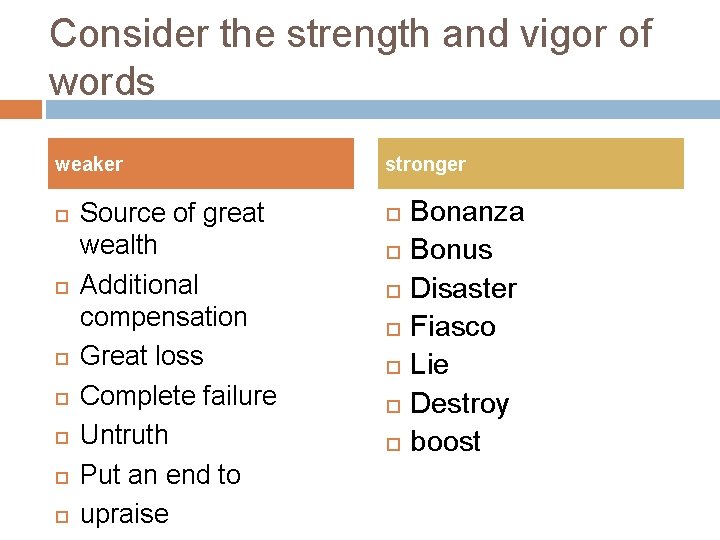 Consider the strength and vigor of words weaker Source of great wealth Additional compensation