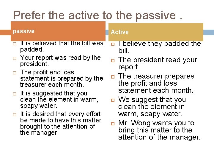 Prefer the active to the passive It is believed that the bill was padded.