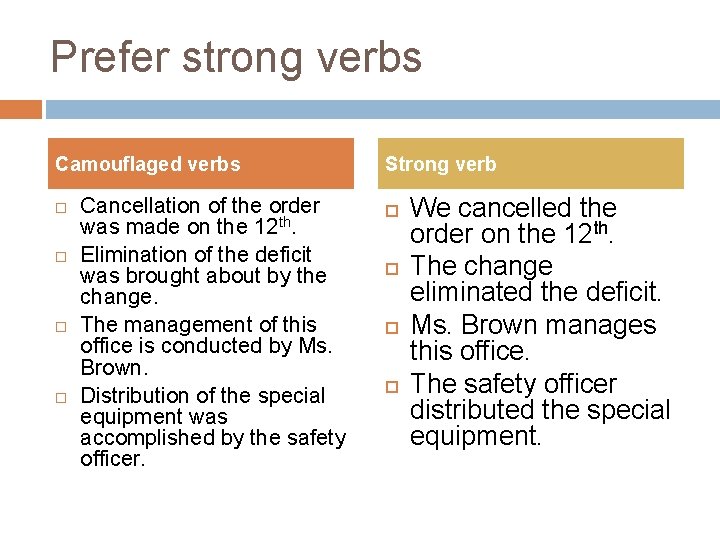Prefer strong verbs Camouflaged verbs Cancellation of the order was made on the 12