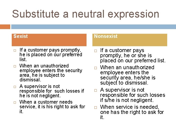 Substitute a neutral expression Sexist If a customer pays promptly, he is placed on