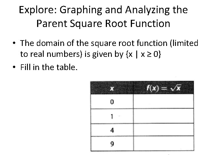Explore: Graphing and Analyzing the Parent Square Root Function • The domain of the