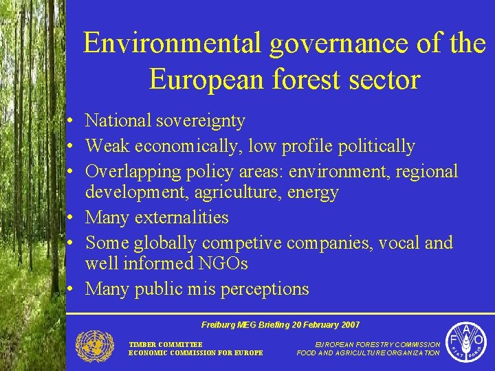 Environmental governance of the European forest sector • National sovereignty • Weak economically, low