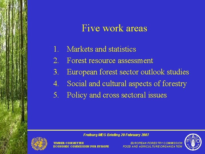Five work areas 1. 2. 3. 4. 5. Markets and statistics Forest resource assessment