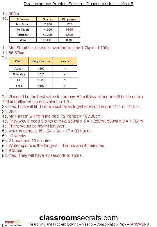 Reasoning and Problem Solving – Converting Units – Year 5 1 a. 300 m