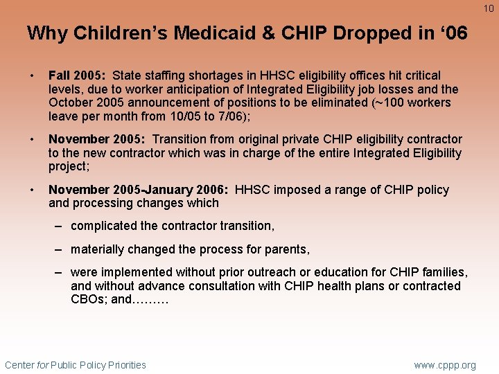 10 Why Children’s Medicaid & CHIP Dropped in ‘ 06 • Fall 2005: State