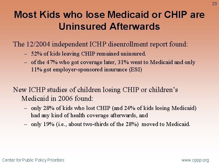 23 Most Kids who lose Medicaid or CHIP are Uninsured Afterwards The 12/2004 independent