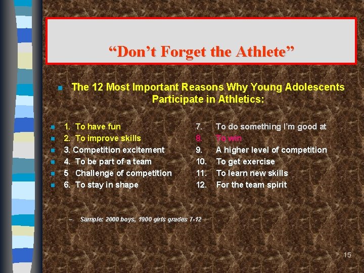 “Don’t Forget the Athlete” n n n n The 12 Most Important Reasons Why